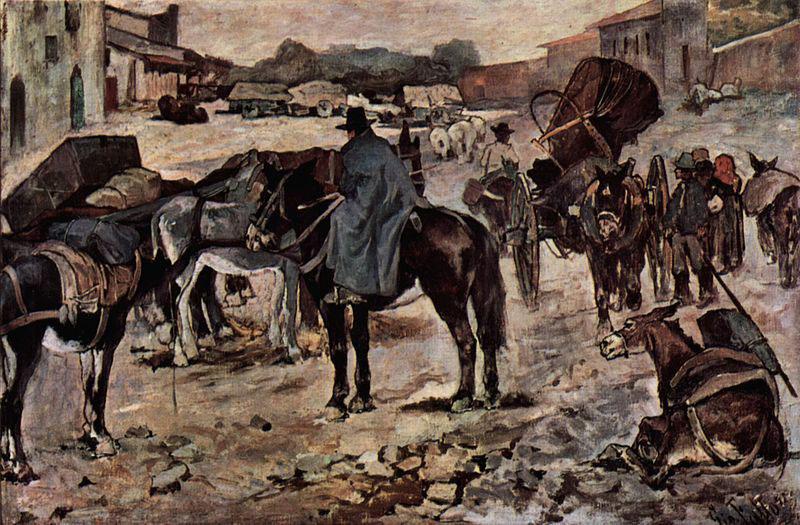 Giovanni Fattori Dorfstrasse mit Bauern, Maultieren und Handlern oil painting image